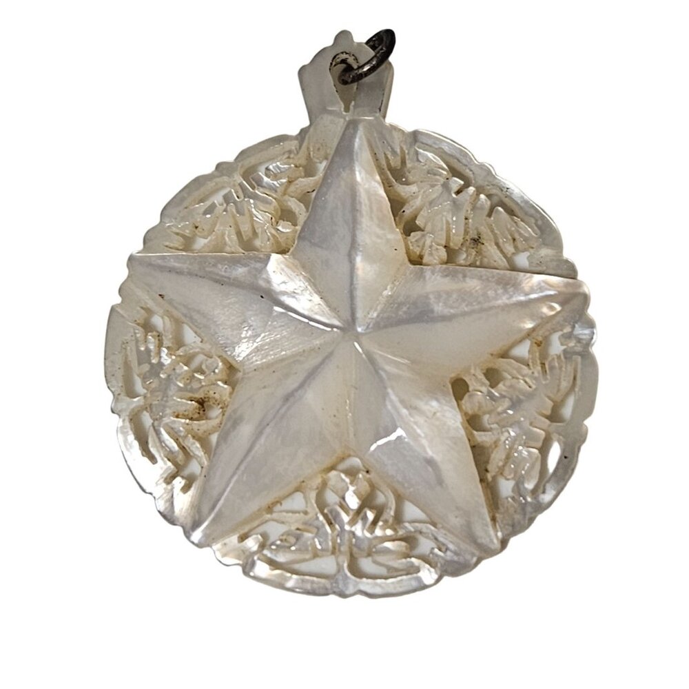 Vintage Mother Of Pearl Star Pendant Intricate Filigree Design Holiday Jewelry
